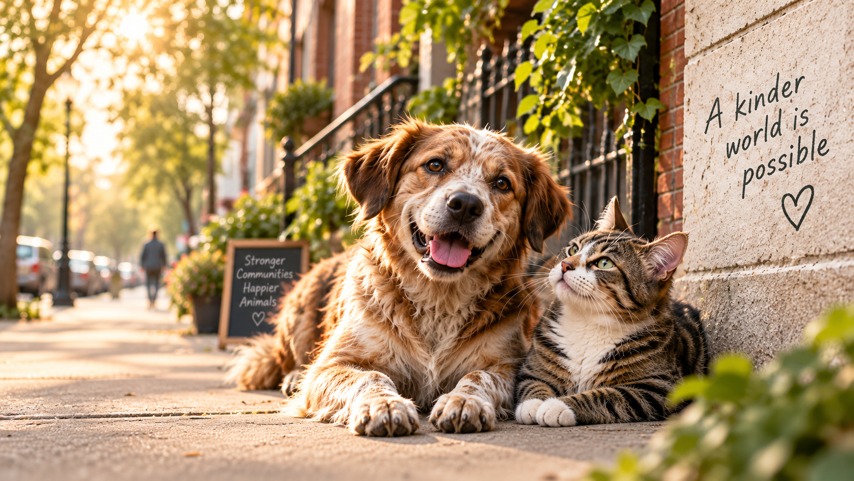 Bir gönüllü, üzerinde “A kinder world is possible” yazan duvarın önünde sokakta yaşayan bir köpeği sevgiyle severken yanında bir kedi oturuyor.